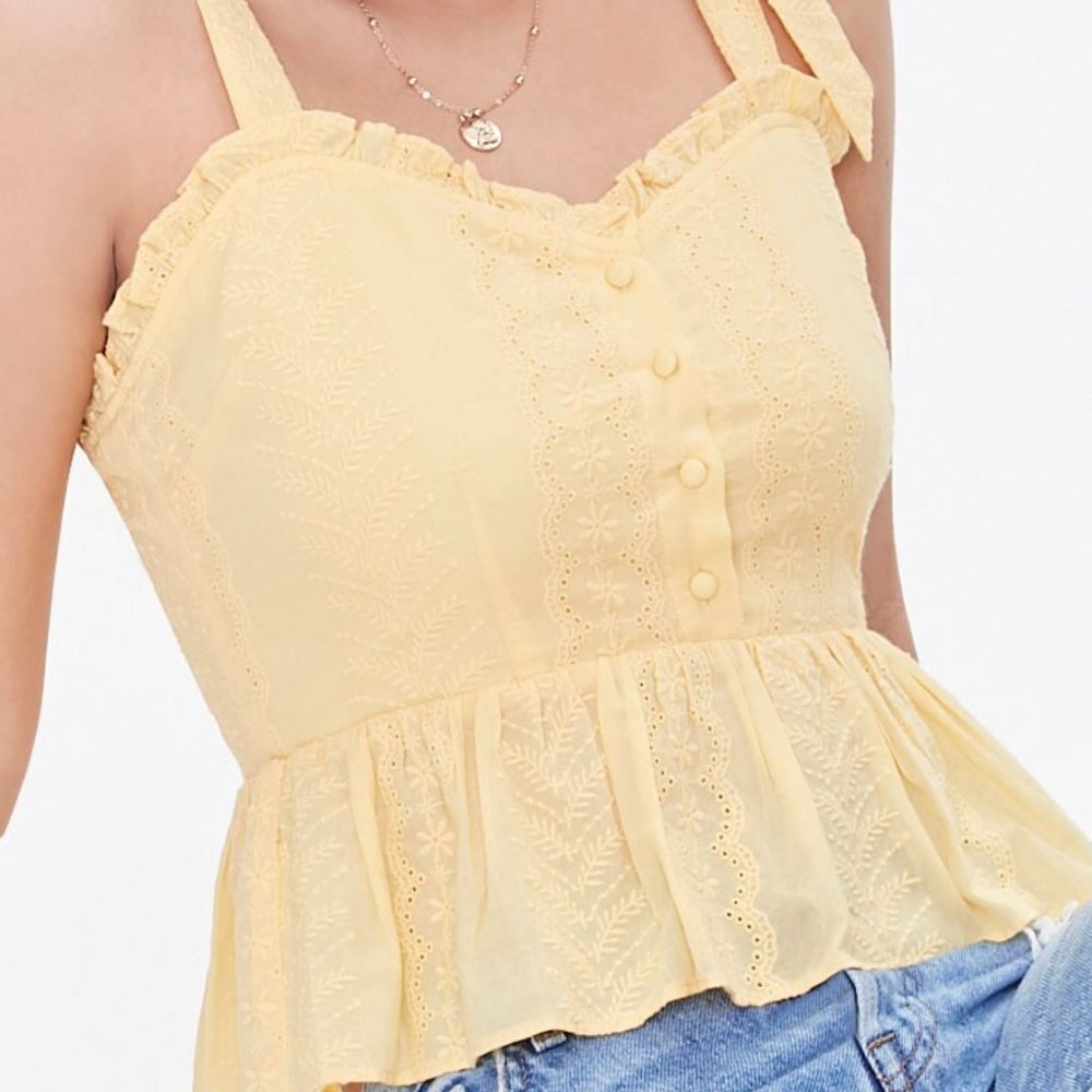 NWT Yellow Eyelet Embroidered Tie-Strap Crop Top
